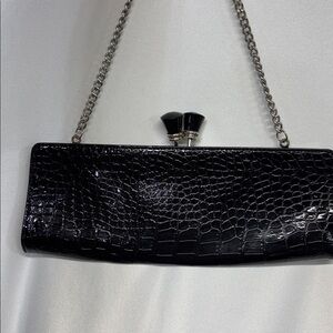 Lillians kiss lock Black Crocodile Embossed Clutch with Chain purse